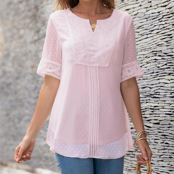 NWOT - Beautiful Pink Split Neck Half Sleeve Lace Panel Blouse - Picture 1 of 9